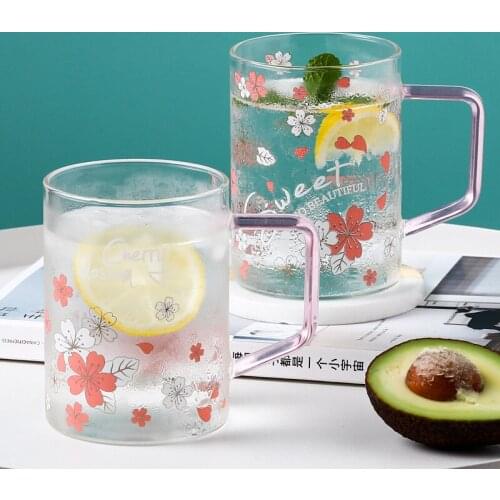 Powder handle glass Cherry Blossom heat resistant water cup flower tea cup simple juice milk cup tea cup coffee mugs