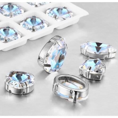 Transparent Crystal Rhinestones Drop Shape Glass Strass Pointback Mocha Rhinestone With Copper Claws Round Rivoli Claw Crystals