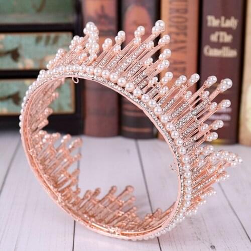 Bride Queen Crown Wedding Hair Jewelry Pearls Rhinestone Tiaras and Crowns Hair Ornaments Diadem Hair Accessories Pageant