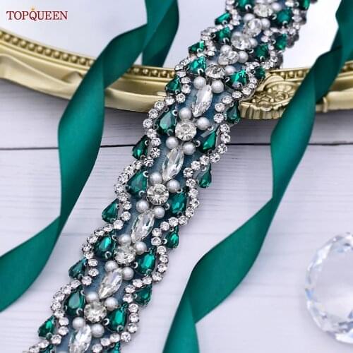 TOPQUEEN S466 Luxury Dress Accessories Emerald Green Rhinestone Belt Banquet Dress Belt Wedding Belt Bridesmaid Dresses Belts