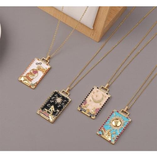 2021 Gothic Tarot Cards Inlaid Zircon Pendant Necklace Star Moon Sun Square Vintage Amulet Necklace Punk Party Jewelry Gifts
