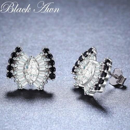 BLCAK AWN 2019 New 925 Sterling Silver Black Spinel Trendy Bow Engagement Earrings for Women Fine Jewelry Bijoux I043