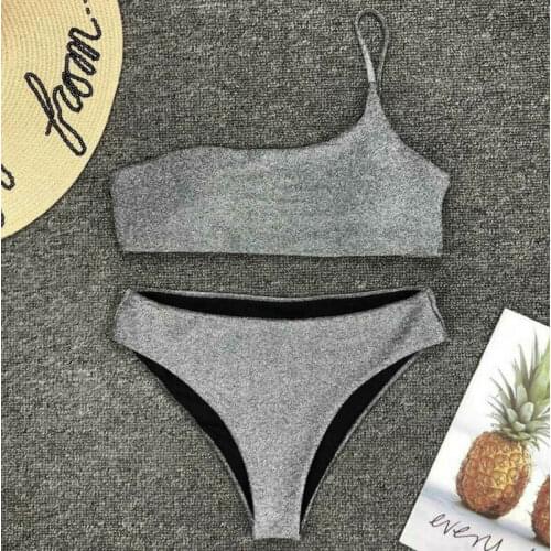 Women Bandage Bikini Set Shiny Sequin One Shoulder Padded Push Up Bikini Bra Swimsuit Bathing Beachwear Swimwear 2 Piece
