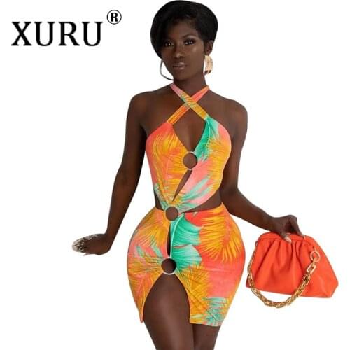 XURU European and American Womens Swimsuit Dress Irregular Colorful Printing Dress