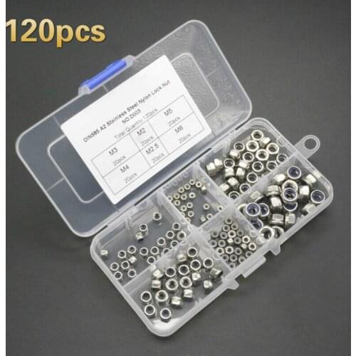 120pcs/box M2 M2.5 M3 M4 M5 M6 M8 304 Stainless Steel Nylon Hex Nuts Locknut Lock Nut Kit
