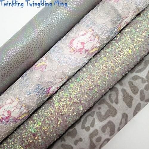 Crystal Glitter leather, Leopard Unicorn Printed synthetic leather, Faux Leather Sheets For Bow A4 21x29CM Twinkling Ming KM218