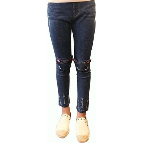 Kids Jeans Girl Cartoon Embroidery Girls Jeans Elastic Waist Hole Jeans For Girls Spring Autumn Novelty Jeans Pants For Girls