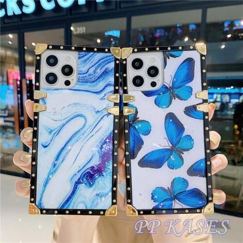 Beauty Blue Butterfly Square Plated Gold Bumper IMD Phone Case For iPhone 12 11 Pro Max XS 7 8 Plus XR Mini Glitter Heavy Duty