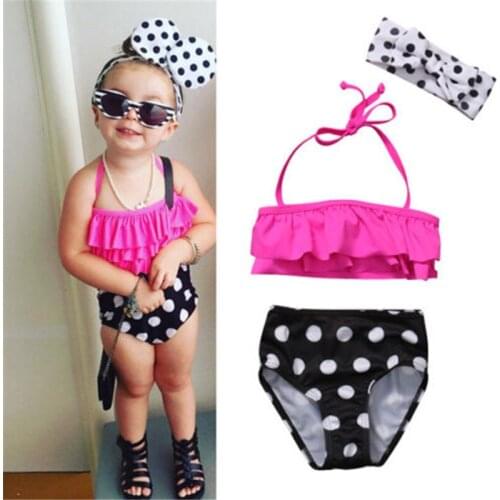 1-5 Years Toddler Girls 3 Pieces Swimsuit Set Ruffle Halter Strap Solid Color Crop Tops Polka Dot Shorts Headband Girls Bikini