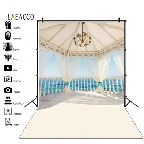 Laeacco Summer Sea Pavilion Curtain Parapet Chandelier Photography Backdrops Photographic Backgrounds Wedding Photophone Props