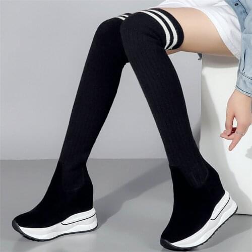 Fashion Sneakers Women Genuine Leather Wedges High Heel Over The Knee Boots Female Knitting Stockings Stretchy Thigh High Pumps