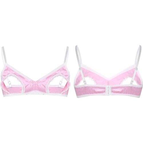 Men Sissy Lingerie Soft Smooth Satin Open Cup Hollow Out Breast Nipples Bra Tops Underwear Sexy Crossdresser Sleepwear Nightwear