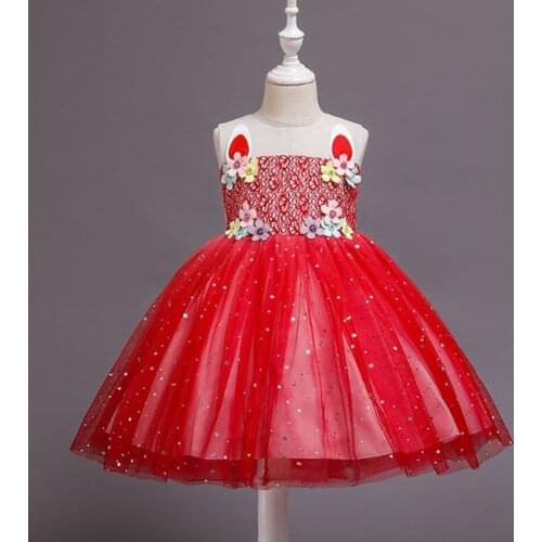 4-10 Year Girl Red Wedding Flower Christmas Dress Kids Clothes Princess Party Dress Lace Back Hollow Tulle Long Dress Vestidos