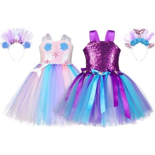 Princess Girl Mermaid Tutu Dress Kids Sparkle Sequin Purple Starfish Birthday Party Dresses Children Halloween Holidays Costume