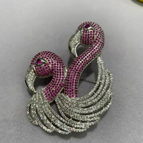 Flamingo birds brooch pins double birds fashion women jewelry free shipping copper with cubic zircon