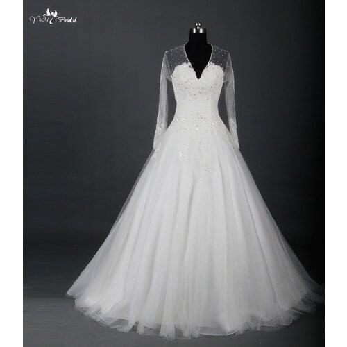 RSW730 Elegant Long Sleeve Lace Wedding Dresses A Line V Neck See Through Back Vintage Lace Sweep Train Wedding Gowns