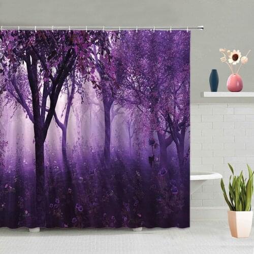 Purple Forest Red Maple Bamboo Flower Plant Background Bathroom Pendant Partition Screen Waterproof Polyester Fabric With Hooks