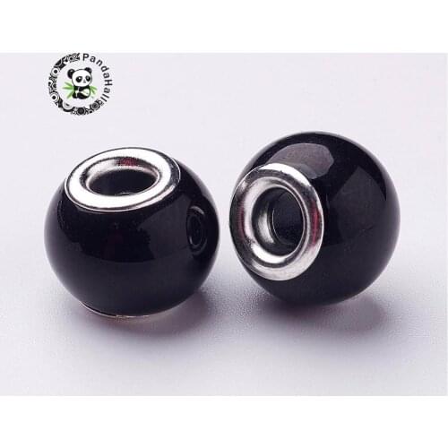 Spray Painted Glass European Beads with Brass Silver Color Cores Large Hole Beads Rondell Black 15x12mm Hole: 5mm