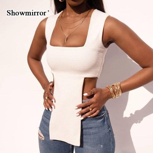 Showmirror Solid Top Short Women Skinny Sleeveless X-Long Cleavage Square Collar Hot Summer Fashion Casual Streetwear