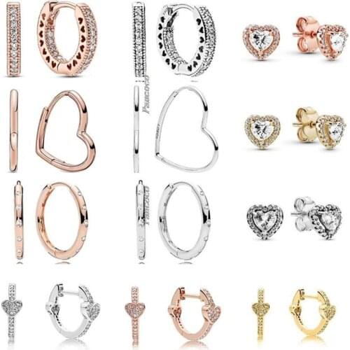 Authentic 925 Sterling Silver Golden Shine Sparkling Elevated Heart Earring For Women Wedding Gift Fashion Jewelry