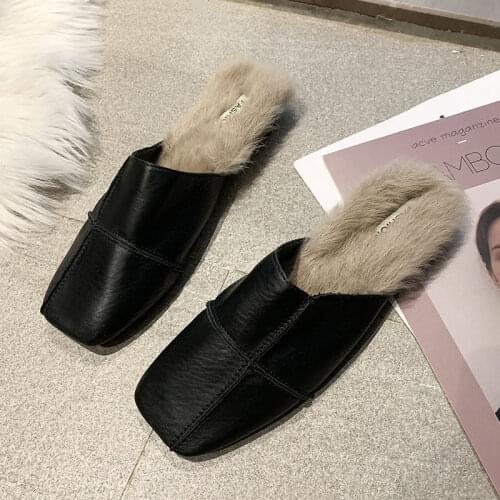Slippers female new rabbit fur retro flat lazy shoes