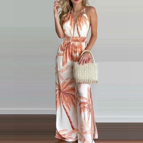 Chic Sexy Women Jumpsuit Sleeveless Deep V Neck Long Floral Tree Print Wide Leg Slit Hem Backless Halter Loose Romper Overall