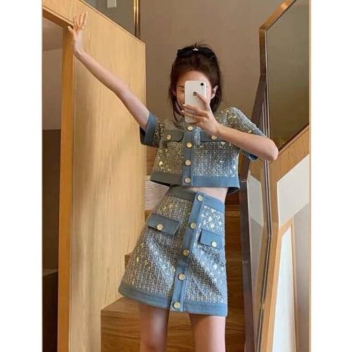 Summer New European Heavy Sequined Denim Waistcoat Short Skirt Two-piece Small Fragrance Sets Women Fashion Streetwear 2021