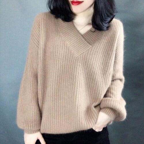 V-Neck Women Autumn Sweater Knitted Lantern Sleeve Cashmere Female Pullover Solid Ladies Elegant Pull Femme
