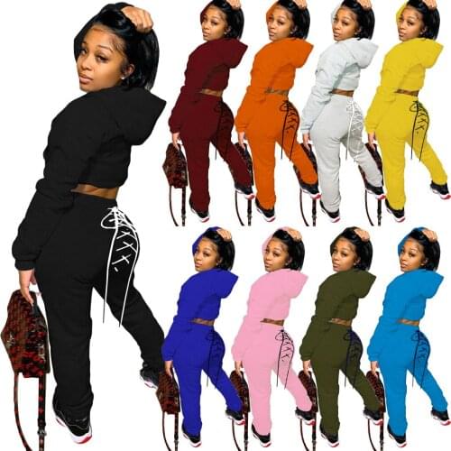 Two Piece Set Solid Color 2 Piece Set Woman Hooded Long Sleeve Back Lace Up Crop Top And High Waist Pencil Pants Warm Tracksuit