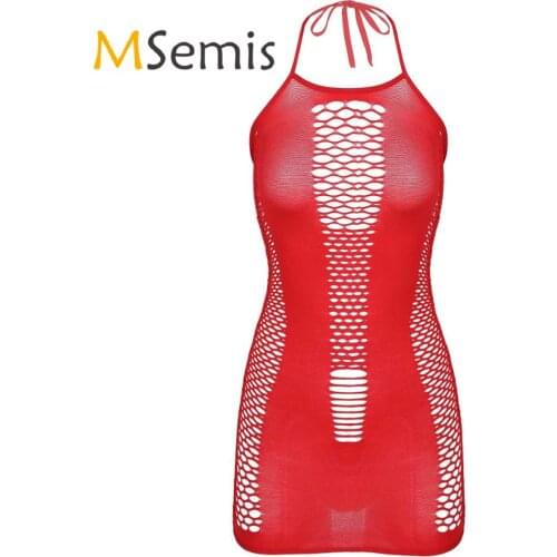 Womens Lingerie Hollow Out Sheer Fishnet Bodycon Dress Erotic Babydoll Costume Halter Neck Lace-up Sleeveless Backless Dress