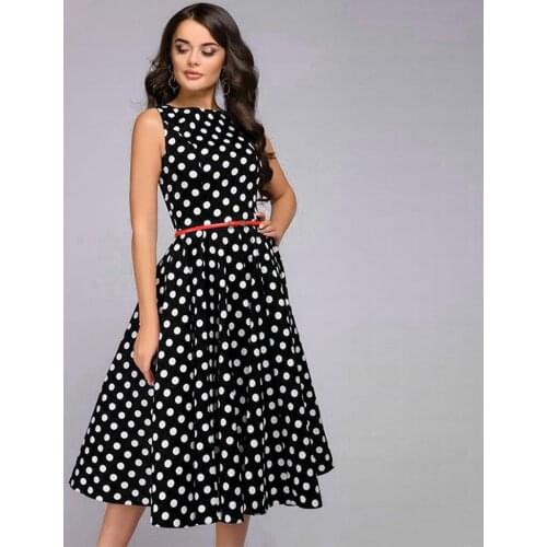 Elegant Tank Dresses Women Polka Dot Print Sleeveless Office Dresses Zip Flare Knee Length Big Swing Dress Белое Платье