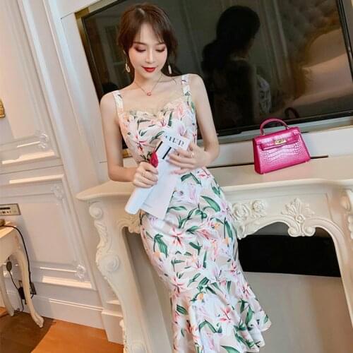 Fashion Summer Korean Vintage Sexy Strap Sleeveless Midi Party Dress Ladies Elegant Sweet Casual Floral Print Mermaid Dress Robe