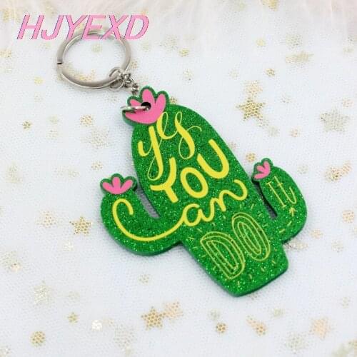 1piece)76mm Acrylic Cactus Keychain Green Glitter Yes You Can Do it Cactus Keychain With Ring Laser Cutout-KC020