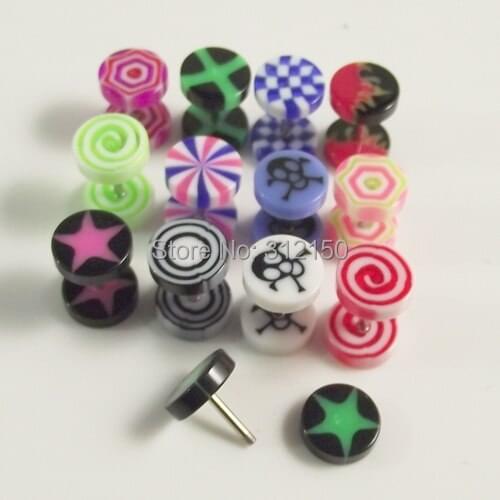 100pcs Free Shipping Stainless Steel Logo Print Acylic Fake EarPlug Ear Nail Fake Ear Flesh Tunnel