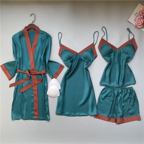 4PCS Sexy Pajamas Sets Women Silky Satin Pyjamas Spring Chest Pads Sleepwear Sleep Suit Nightgown Casual Home Wear Nightwear