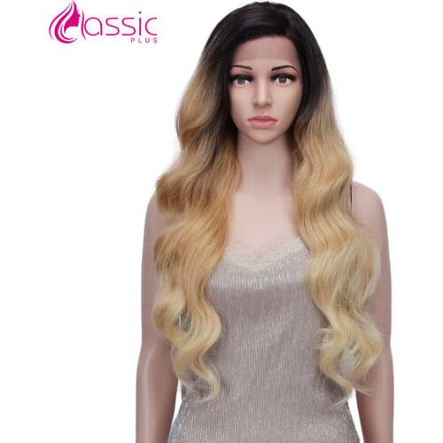 Classic Plus 28 Inch Long Hair Wigs For Women Synthetic Lace Wig 613 Blonde Colored Body Wave Part Lace Wigs With Black Roots