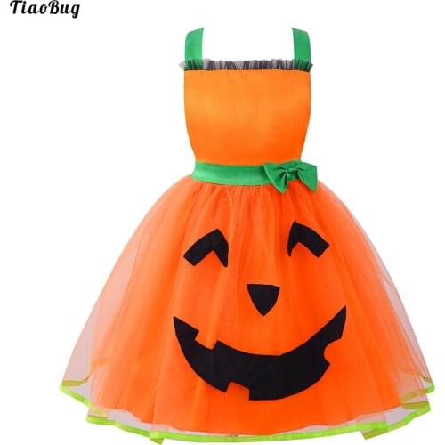 Kids Girls Sleeveless Lace-Up Halter Neck Backless Pumpkin Dress Costume For Halloween Carnival Cosplay Stage Performance Party