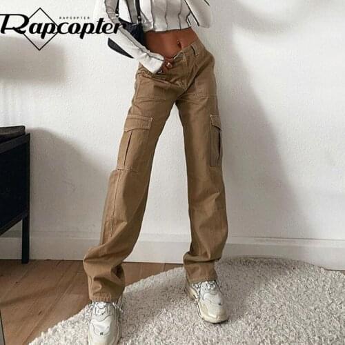 Rapcopter Solid Cargo Jeans Big Pockets High Waisted Retro Trousers Baggy Casual Basic Denim Sweatpants Female Autumn Harajuku