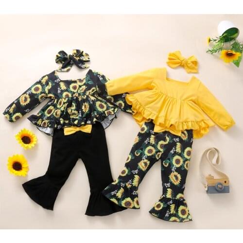 FOCUSNORM 0-24M Autumn Baby Girls Lovely Clothes Sets 3pcs Flowers Printed Ruffles Long Sleeve Dress Tops Pants Headband