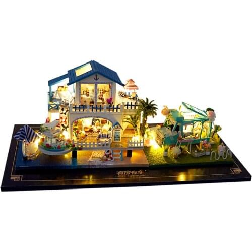 Mini Size Casa DIY Wooden Doll House Kit Miniature with Furniture Blue Ocean Cottage Dollhouse Toys for Friends Girls Xmas Gifts