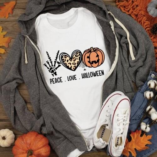 Peace Love Halloween T-shirt Spooky Women Skeleton Leopard Heart Pumpkin Thanksgiving Top Tee Funny Fall Season Holiday Tshirt
