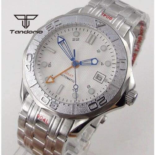 41mm tandorio Automatic Mens Watch GMT Function White Wave Dial Sapphire Glass Date Aluminum Bezel Insert 904L Steel Bracelet