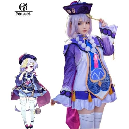 ROLECOS Game Genshin Impact Qiqi Cosplay Costumes Coat Dresses Cosplay Halloween Cosplay Costumes With Hat Set