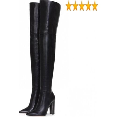 Toe Pointed Woman Block Black Over the Knee Plus Size 46 Autumn Winter Elegant Heel Nude Color Zip High Boots