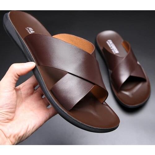 Yomior Brand New Fashion Summer Men Shoes Vintage Italian Flats Casual Non-slip Beach Sandals Genuine Leather Flip Flop Slippers