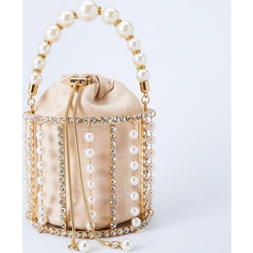 Rhinestone Evening Pearl Clutch Bag Women Luxury Handmade Diamond Beaded Bucket Purses and Handbags Bridal Wedding Party Sweet