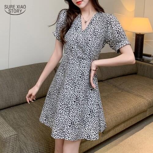 2021 French Leopard Print Mini Dress Vintage Chiffon Short Puff Sleeve Party Dress Summer Fashion V Neck Dresses Vestidos 15229
