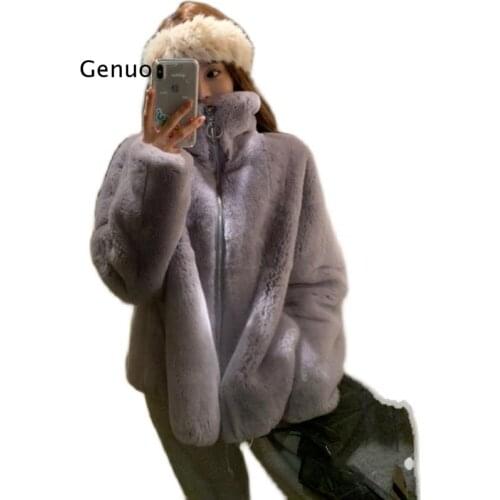 Womens Korea Style New Loose Fitting Casual New Stand Collar Rex Rabbit Fur Female Jacket In Winter Fur Coat