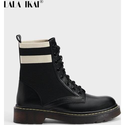 LALA IKAI Women Knit Stitching Ankle Boots Mid Boot PU Lace-UP Non-slip Fashion Riding Boots Female Autumn Winter 2020 WA30730-4