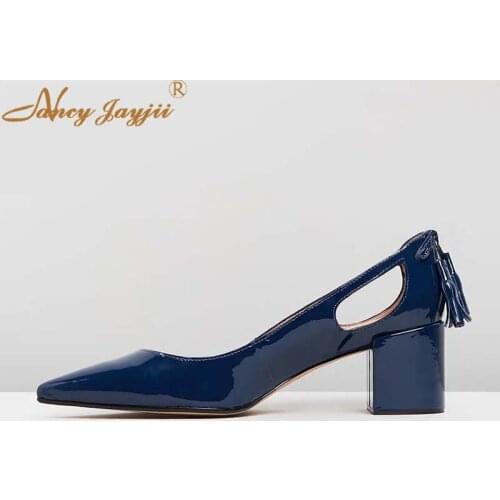 Navy Blue Chunky Heels Mid Heel Pumps Tassel Hollow Riband Pointed Toe Dress Office Womens Ladies Shoes Spring Size 13 14 15 16